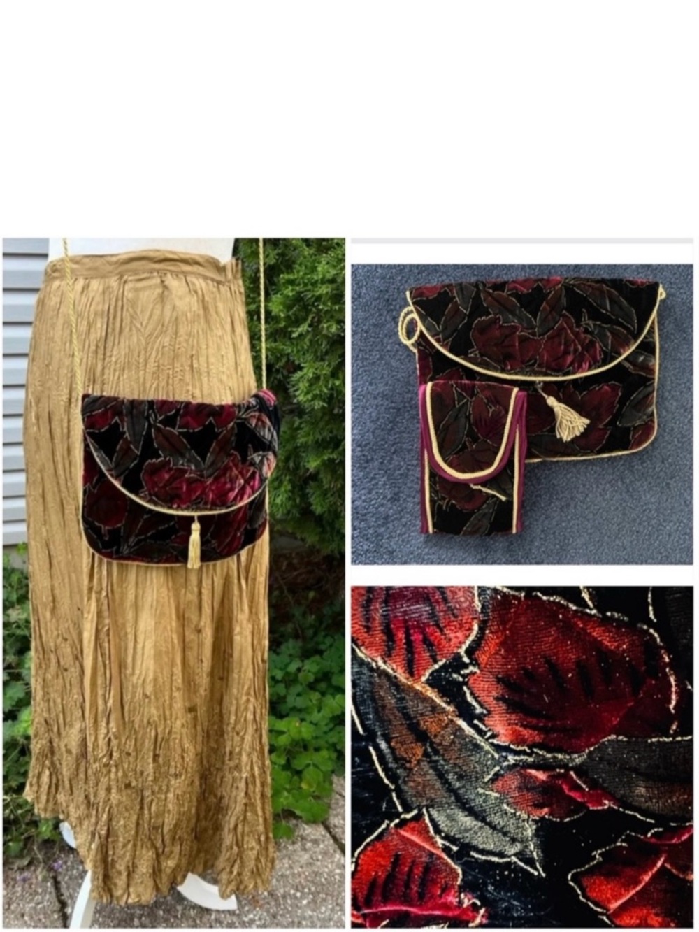🎁🆕Vintage velvet handbag & case duo / burgundy black brown grey & gold accents